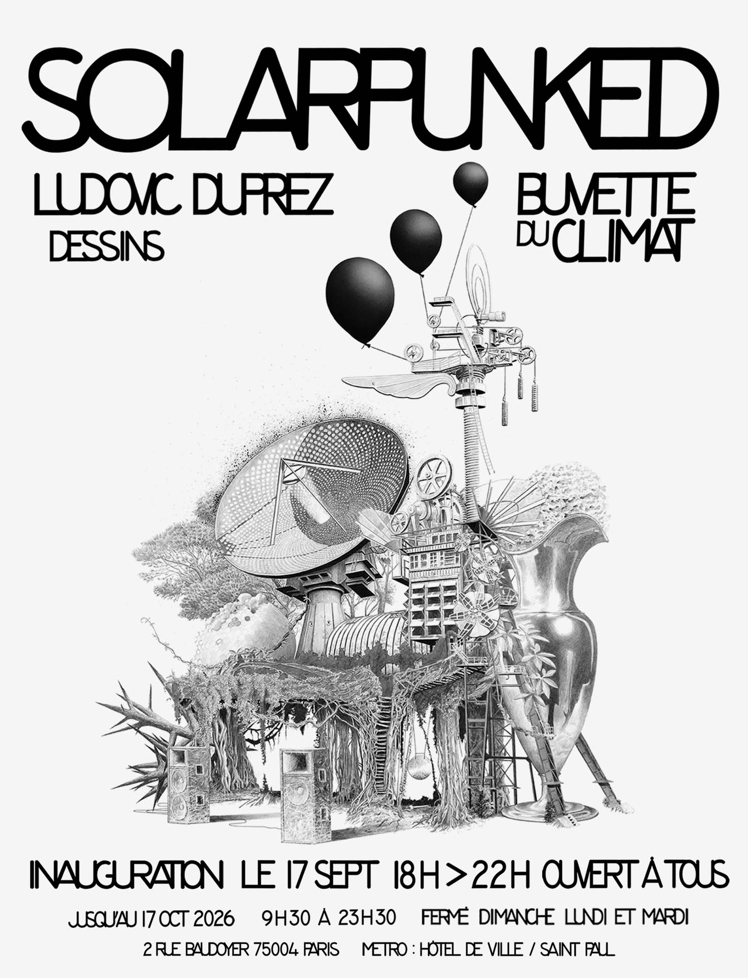 Affiche Solarpunked — exposition de dessins de Ludovic Duprez à la Buvette du Climat, Paris, 17 septembre